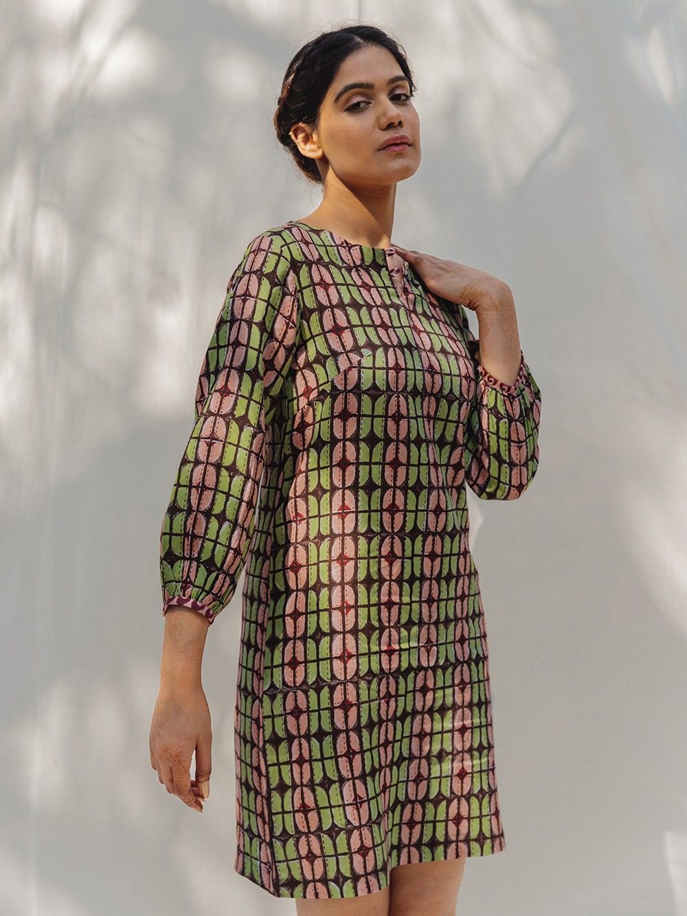 the loom - Green Brown Cotton Dobby Dress