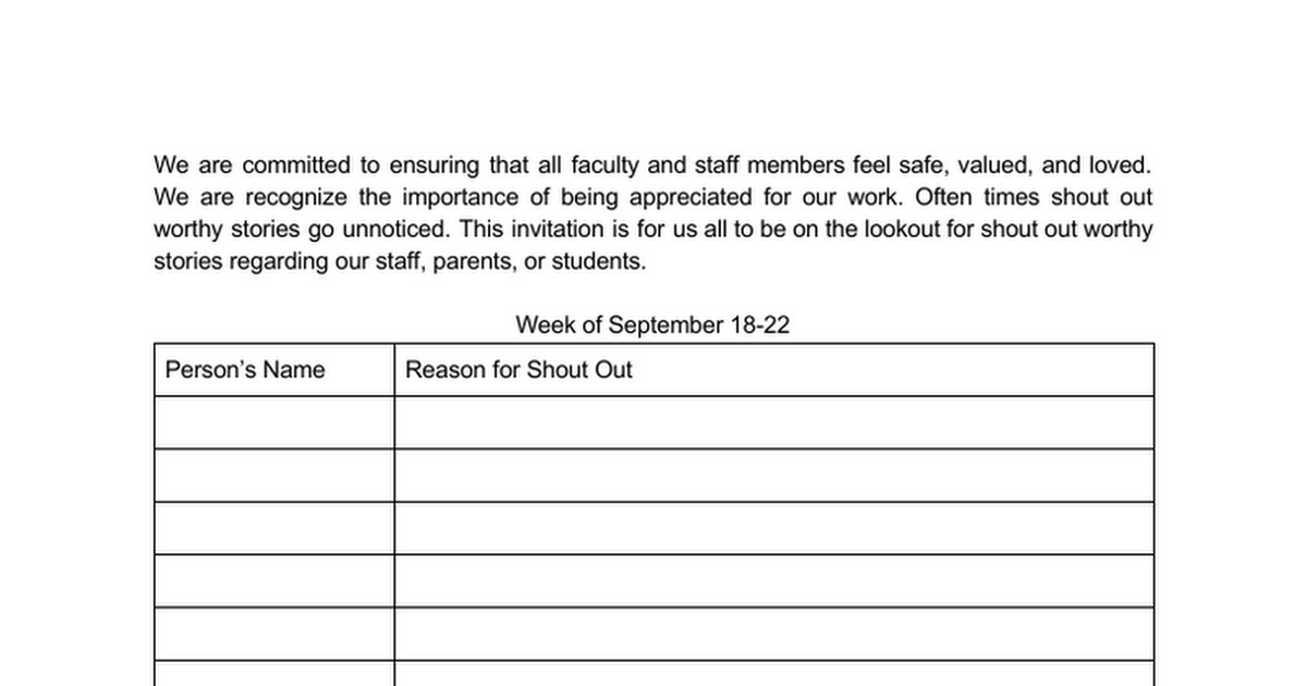 Faculty/Staff Shout Outs Form September 18-22