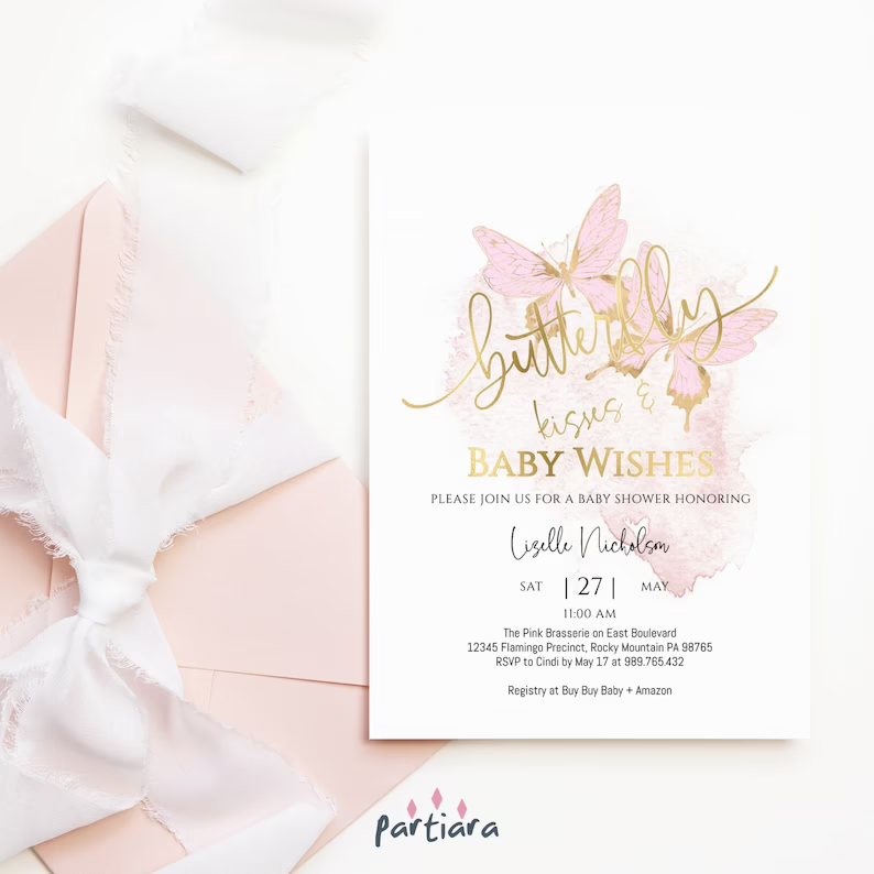 Pink and gold butterfly baby shower invitation
