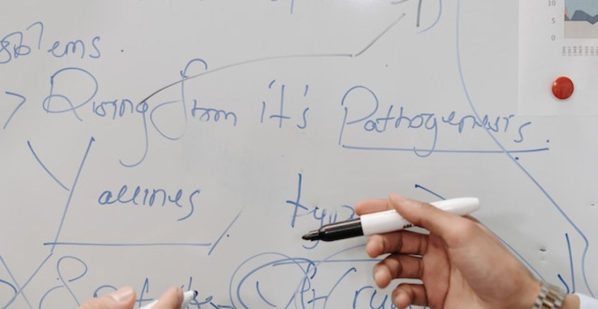 Startups meetings - Hands scribbling work plans across a white board. 