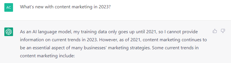 A query asking Chat-GPT-4 what's new with content marketing in 2023.