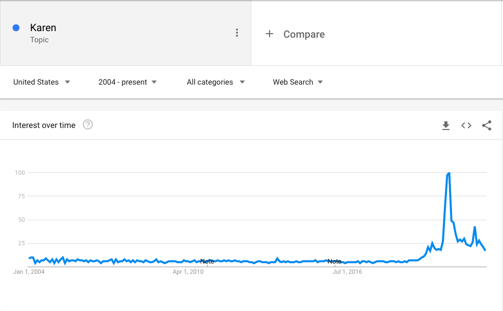 A chart showing the use of the term Karen in google searches