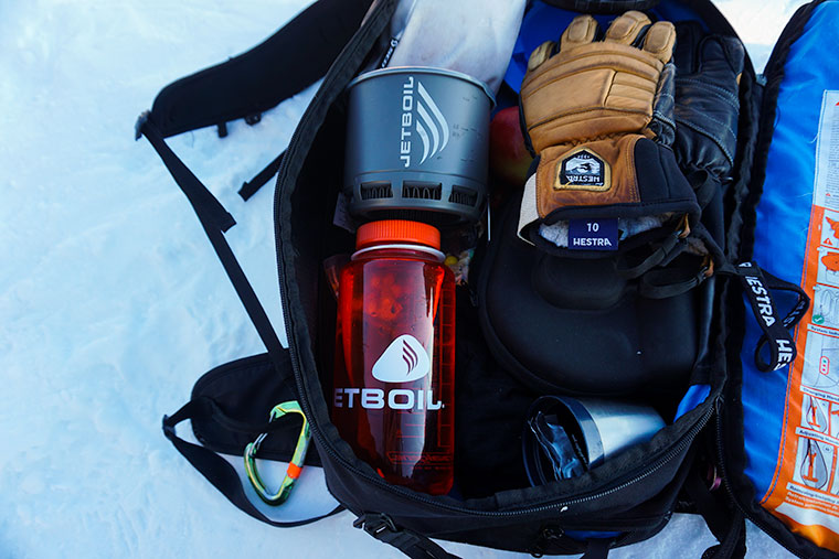 The Jetboil Stash packed into a Black Diamond Jetforce Tour Avalanche Backpack