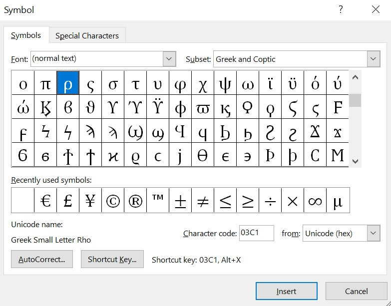 searching for rho symbol text using the character code