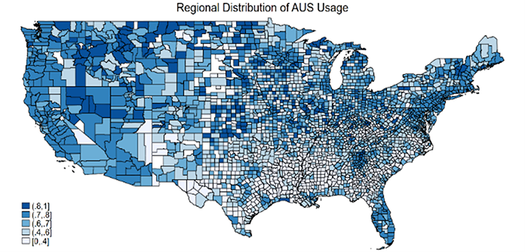 A map of the US showing (in dark and light)  the regional distribution of automated underwriting systems.