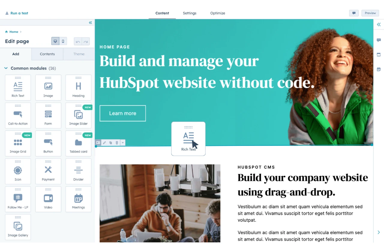 HubSpot CMS Website Builder home page.