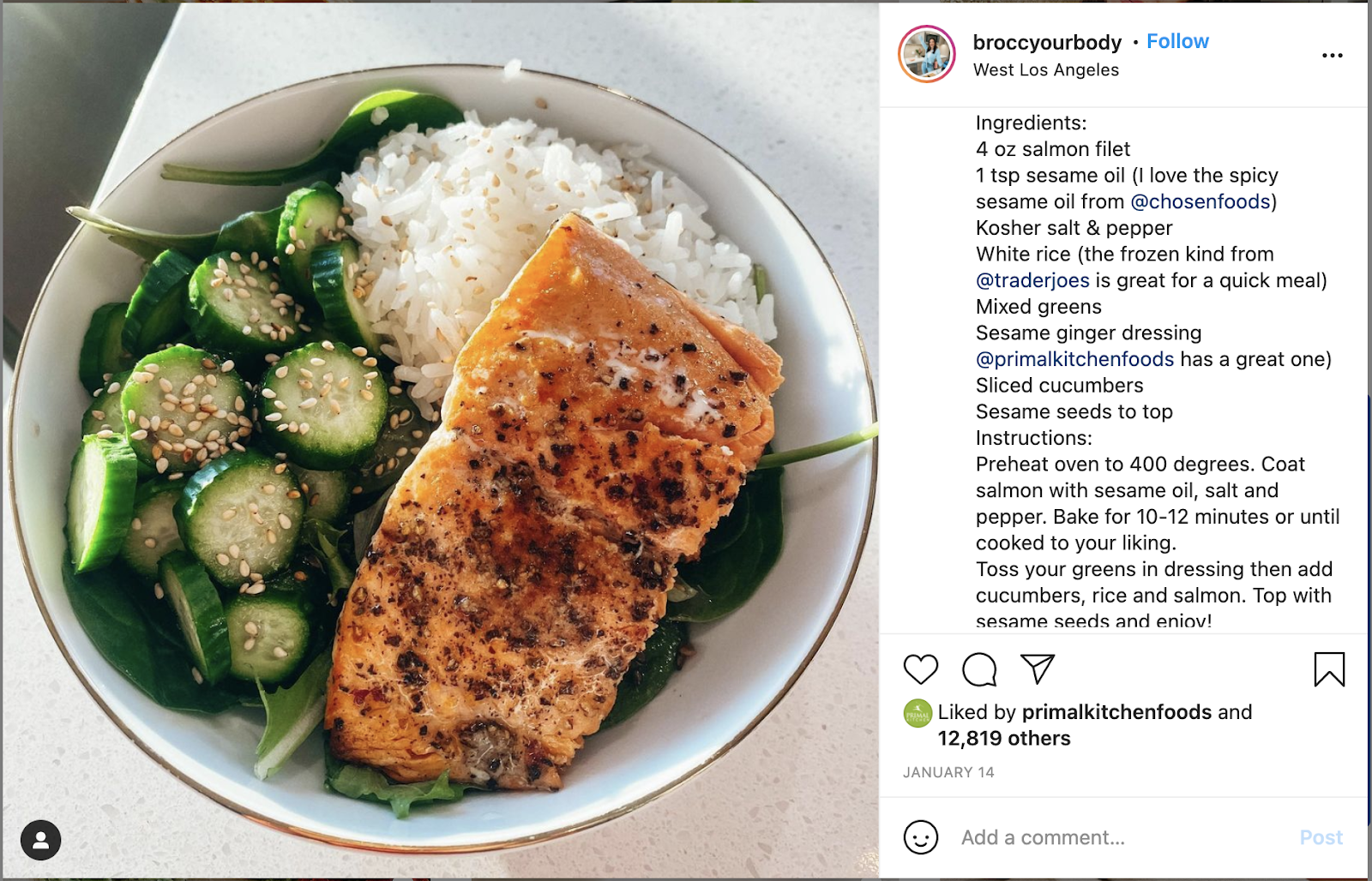 Instagram post with salmon and vegetables