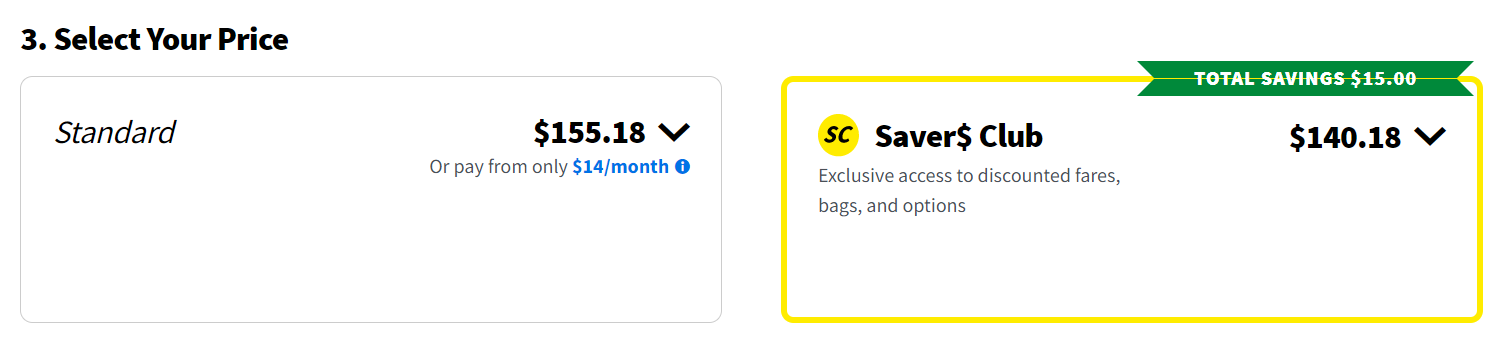 Total cost of Spirit Airlines for both standard cost and saver clubs. 
