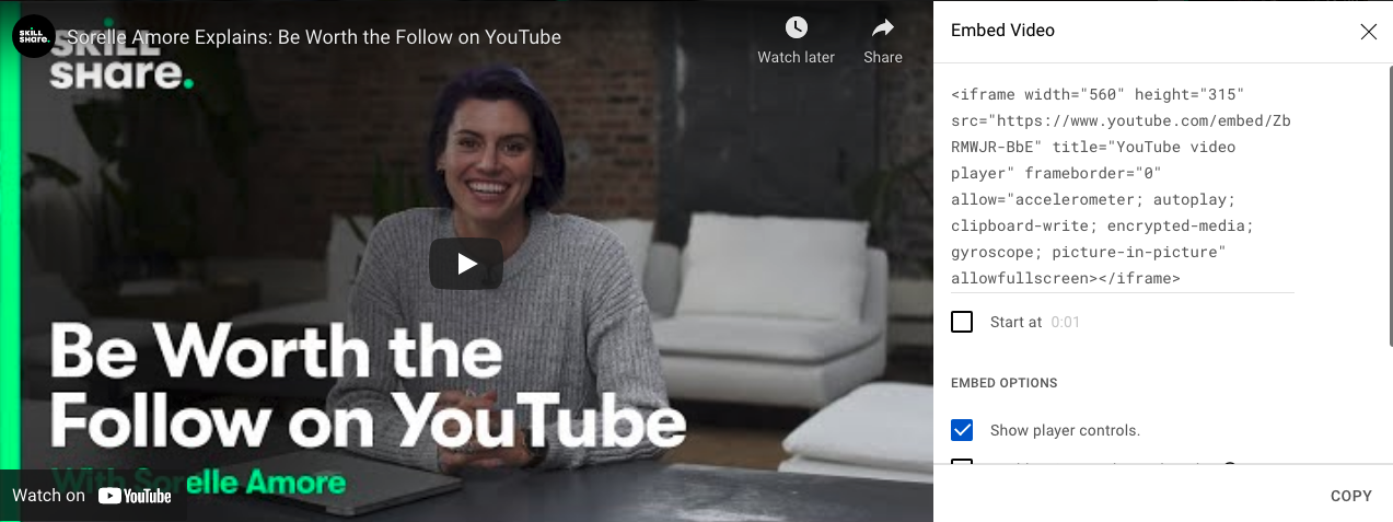 skillshare youtube video with embed coding