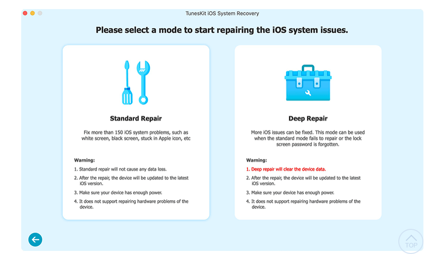 Starting режимы. Select Mode. TUNESKIT IOS System Recovery. Standard Repair time offline.