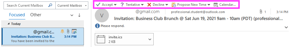 Screenshot showing response options above a meeting invitation received in Outlook