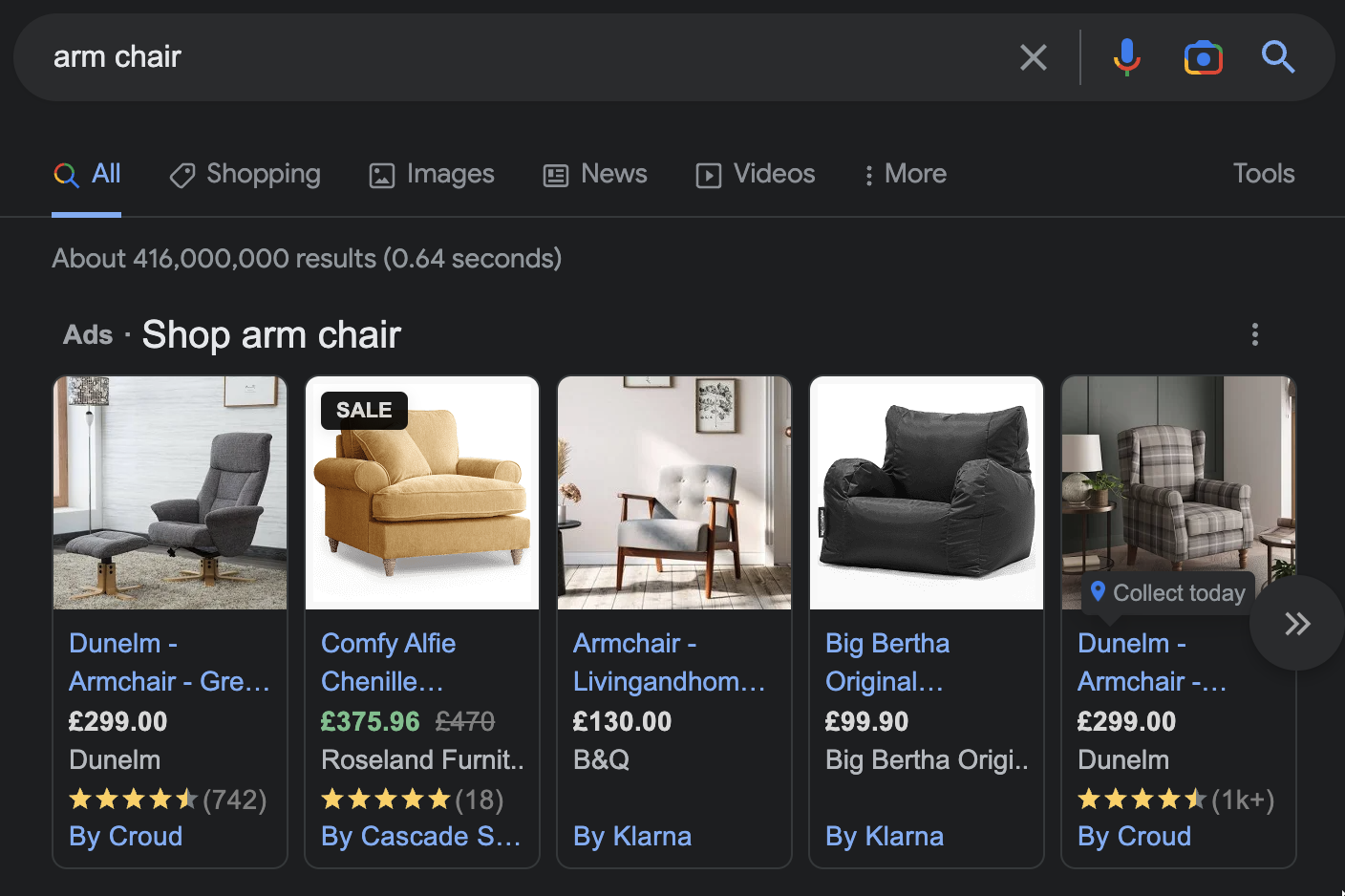 Screenshot of a Google search for arm chair