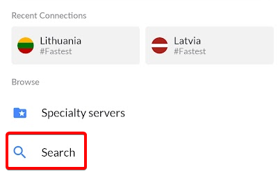W zakładce serwerów specjalnych znajduje się pasek wyszukiwania, za pomocą którego można zlokalizować kraj, z którym chcemy się połączyć.
