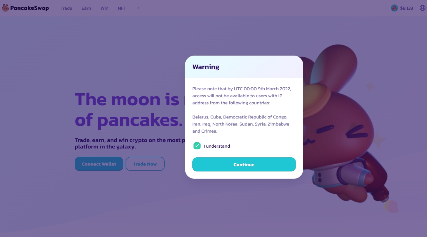 DEX PancakeSwap заблокирует пользователей из десяти юрисдикций