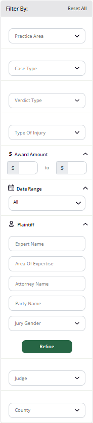 Filtering Options for Verdict Search Results in Trellis, Including Practice Area and Award Amount