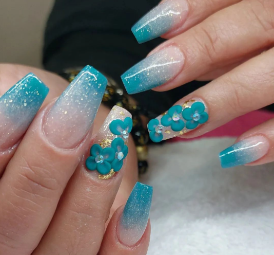 Blue Flora Ombre Nail Designs