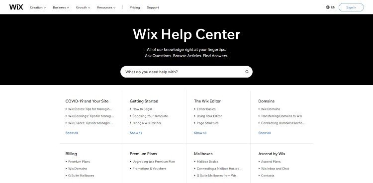 Página de atención al cliente de Wix