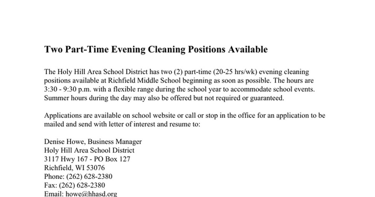 Evening Custodial/Cleaning Positions