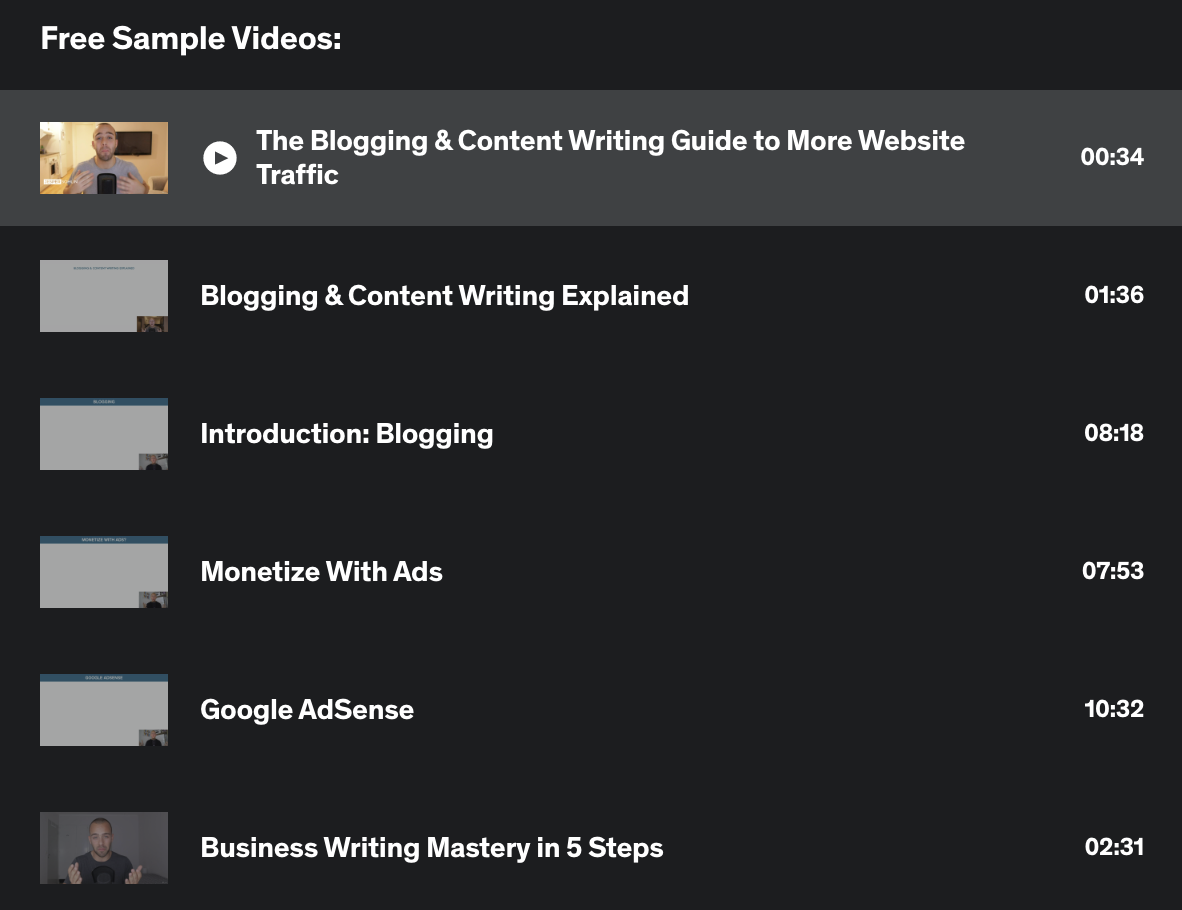 The sample videos from the course include: blogging and content writing explained, monetize with ads, and Google AdSense.