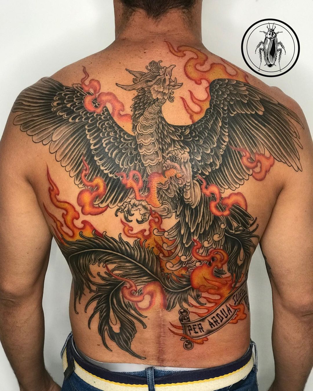 Huge Phoenix Tattoo With Flames