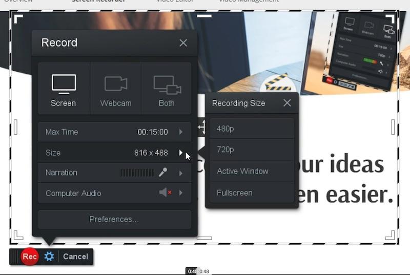 Screencast Matic : Options de taille