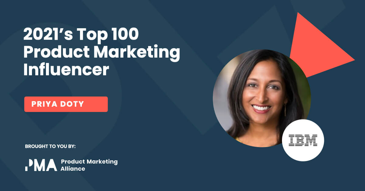 A badge from the 2021 Top Product Marketing Influencer Report of Priya Doty and her brand. 
