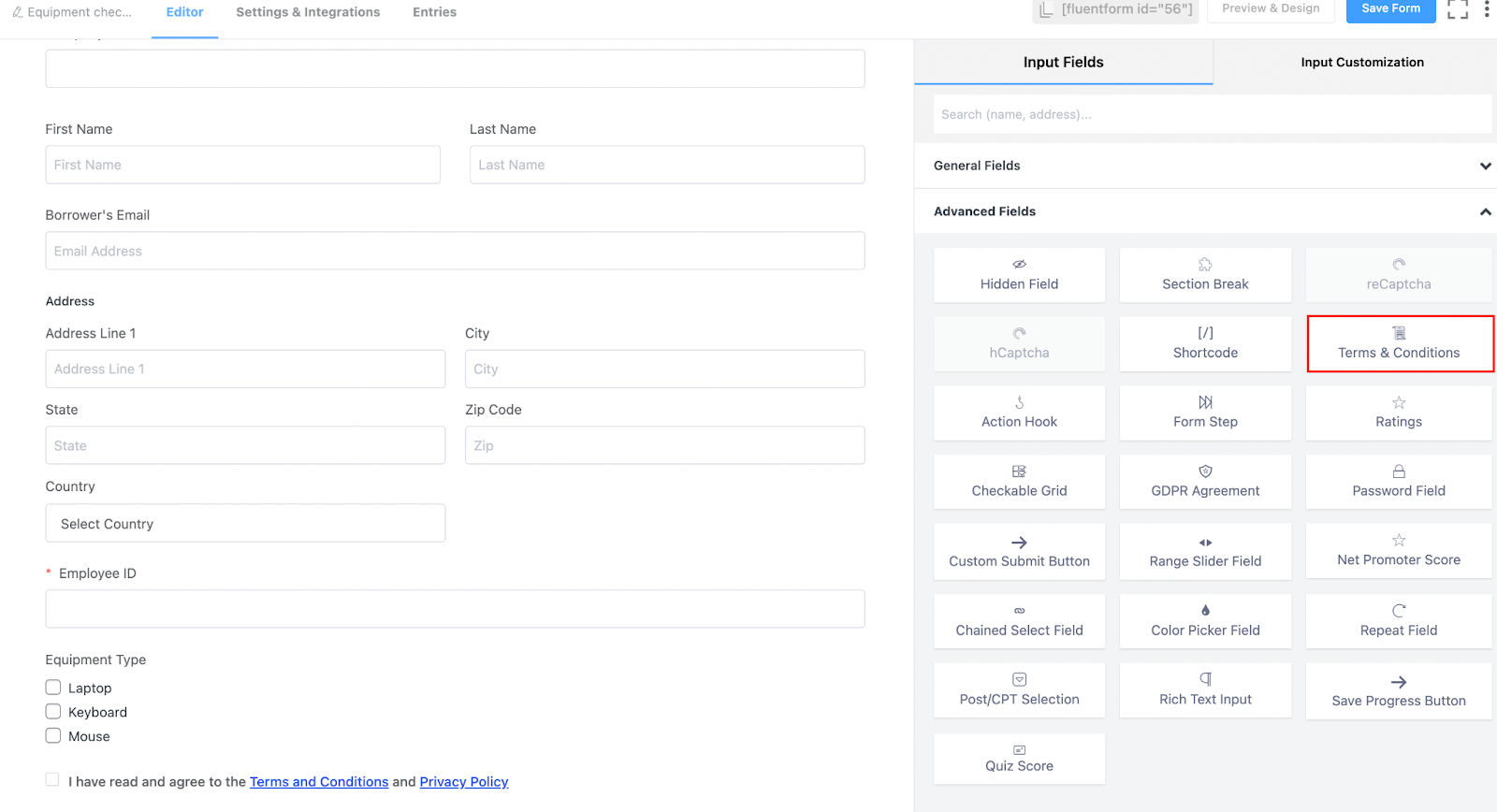 Terms & Conditions field Fluent Forms