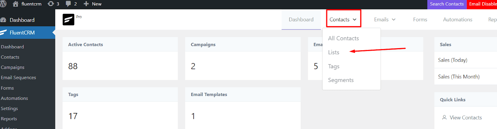 FluentCRM dashboard 