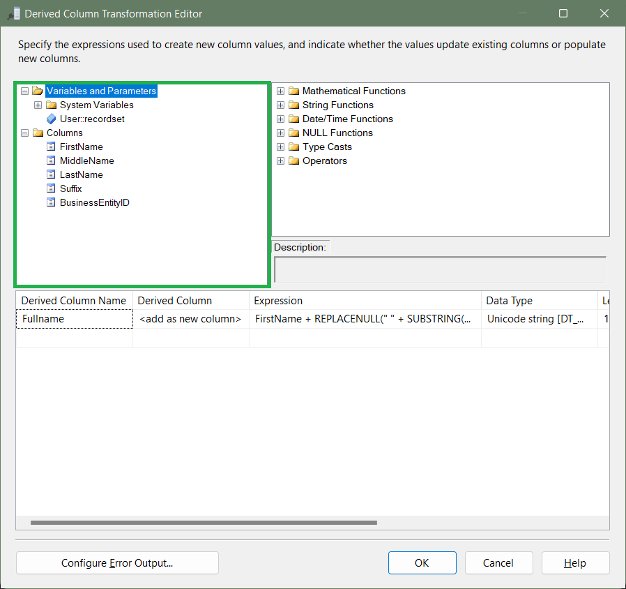 Columns, Variables, and Parameters in Derived Column Transformation Editor.