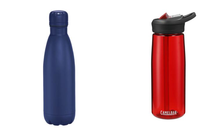 One blue water and one red water bottle.