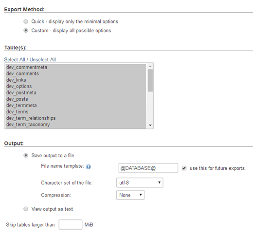 Exportação personalizada do phpMyAdmin