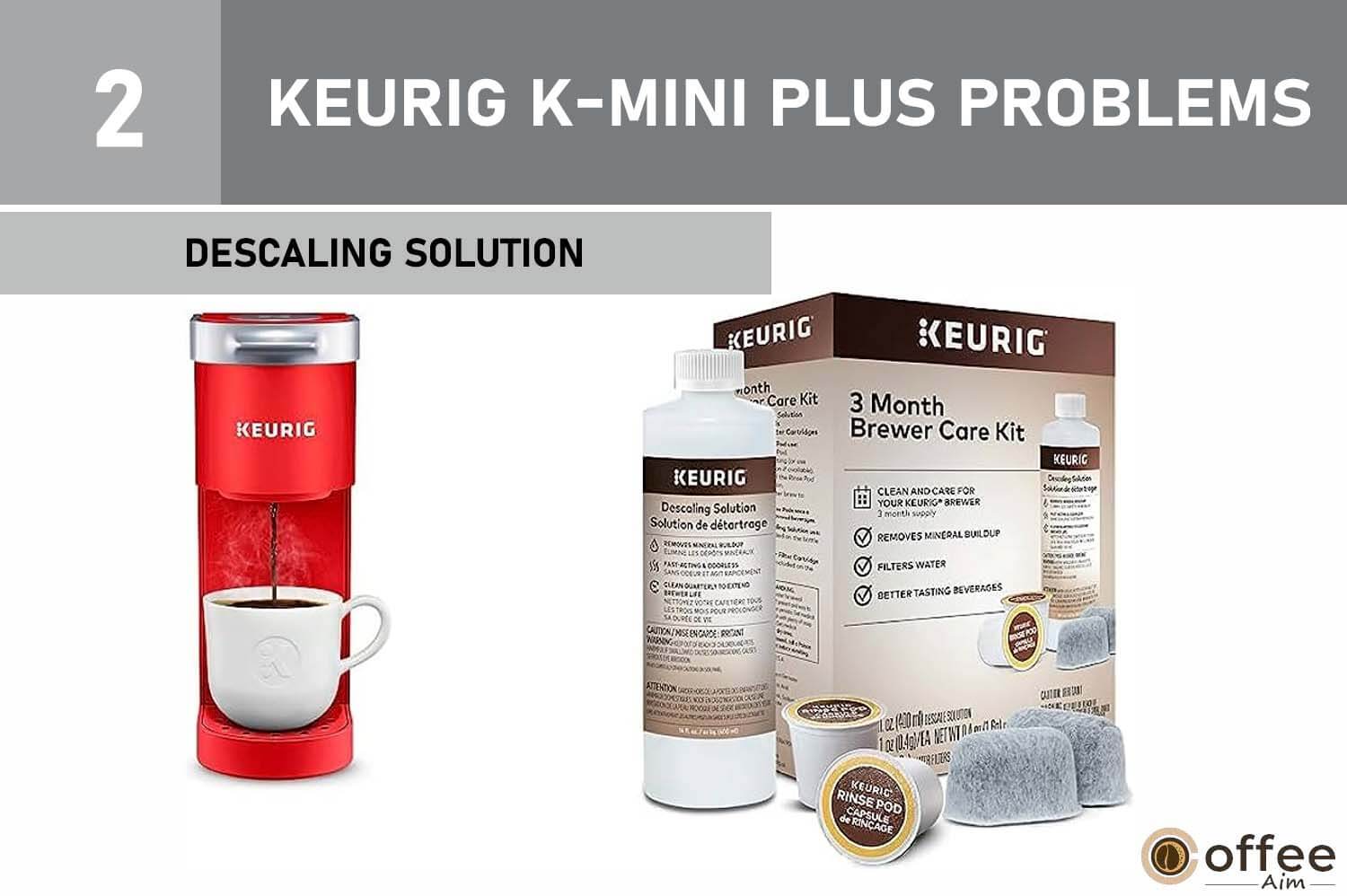 This image displays the "Descaling Solution" as part of the content for the "Keurig K-Mini Plus Problems" article.