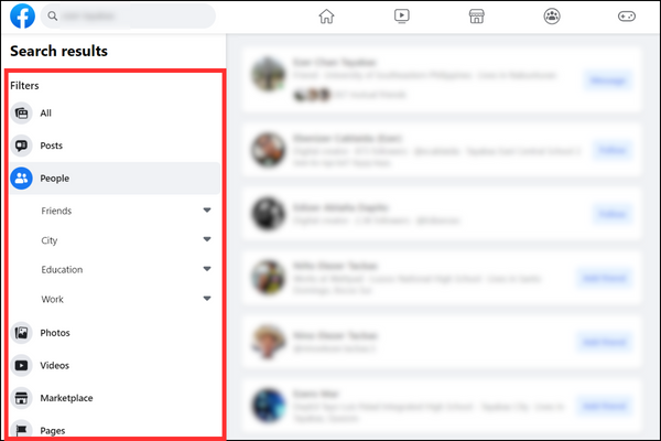 Facebook search result page with Filters set on People