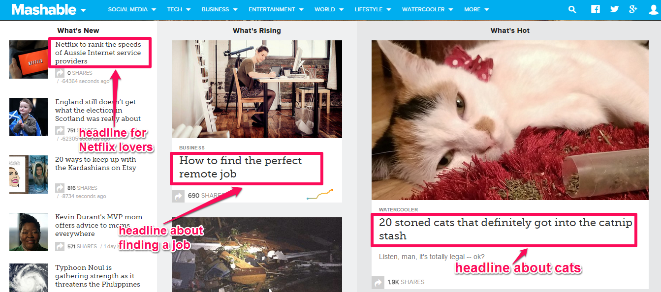 Uma captura de tela na plataforma Mashable mostrando exemplos de manchetes. 
