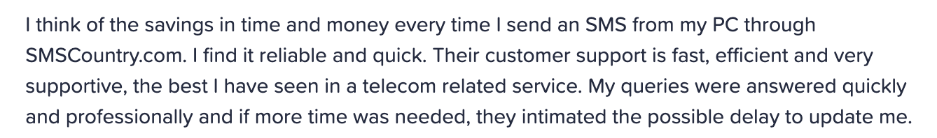 twilio vs smscountry | A customer testimonial about SMSCountry's professional customer support