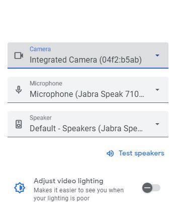 Image of options. Camera is the Integrated Camera; Microphone is Jabra Speak; Speaker is Jabra Speak. 