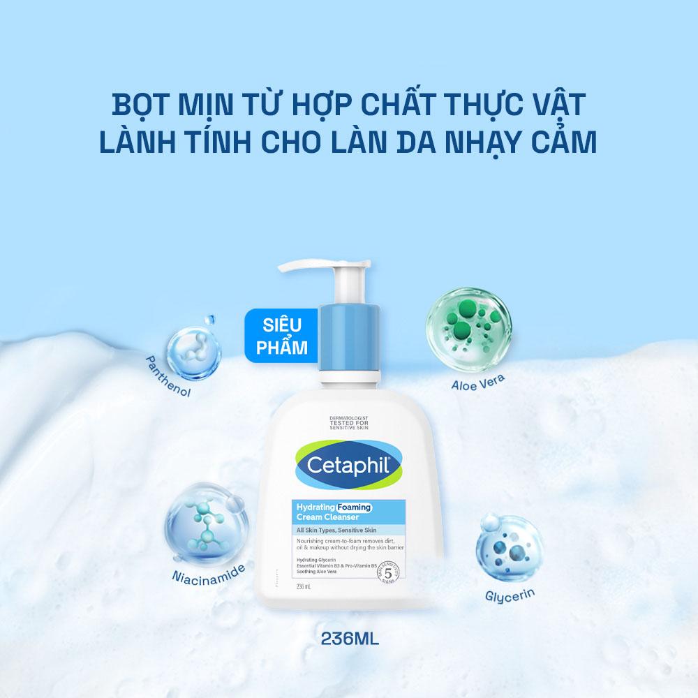 Cetaphil Hydrating Foaming Cream Cleanser kết hợp với aloe vera hỗ trợ tốt trong việc giúp phục hồi da bị tổn thương