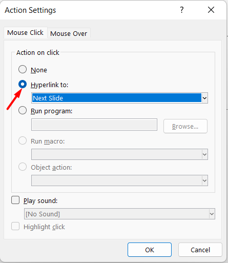 how to change PowerPoint to portrait- Action Settings dialog box
