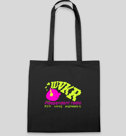 A black tote bag featuring the WVKR logo, a purple face with yellow headphones thinking "WVKR" with the letters stylized as thought clouds.