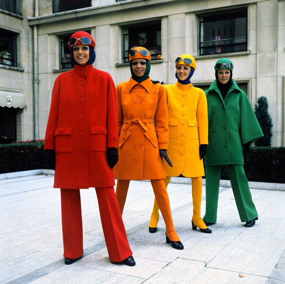 Fashion models in brightly colored sports coats showing 70s women's fashion
