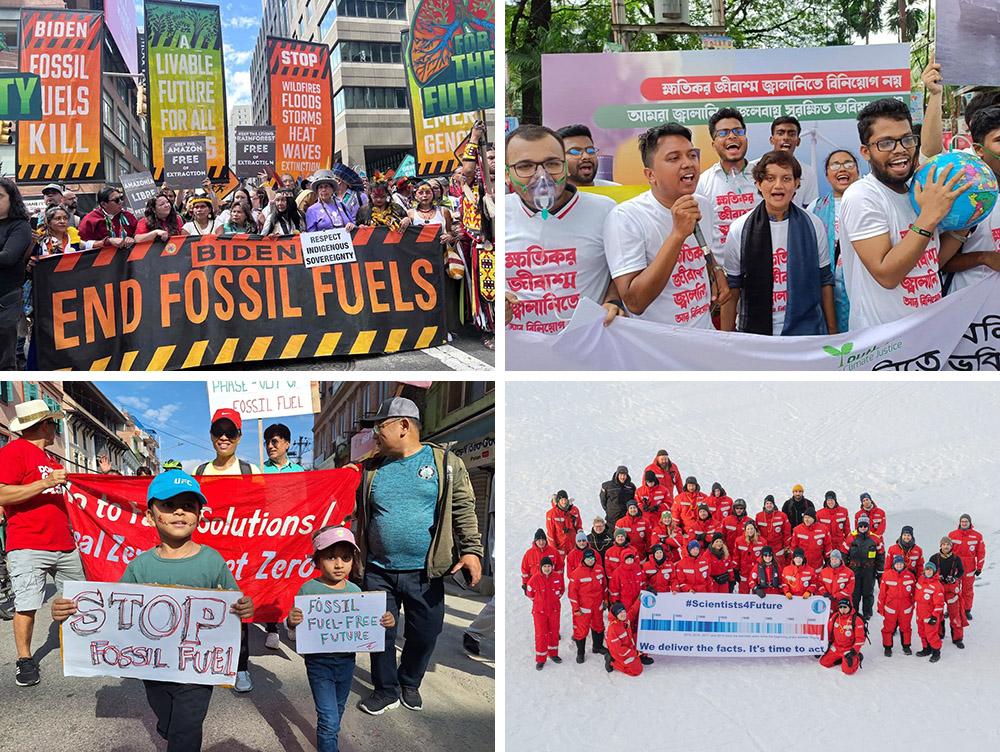 A montage of marching images, including a banner asking Biden to end fossil fuels, young nepalese children holding banners, and North Pole scientists in red ski suits posing for a group photo