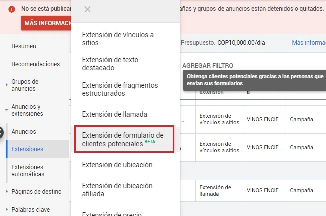 Agregar extensiones formularios de clientes potenciales en Google Ads