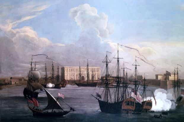 Samuel Scott’s ‘Ships In Bombay Harbour’ (1731) with Bombay Castle on the right.