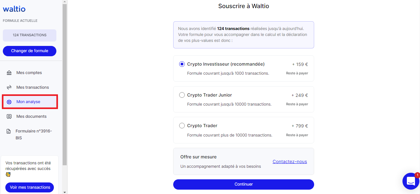 En fonction de vos transactions, Waltio va vous proposer diverses formules à choisir selon votre profil d'investisseur crypto
