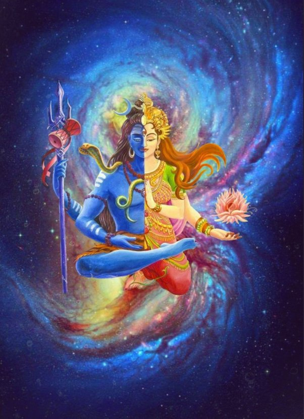 In this illustration, Parvati and Shiva are shown as one person. There is half of Shiva on the left side, and half of Parvati on the right side. The background appears to be a galaxy.