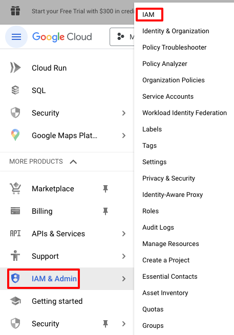 IAM & Admin inside BigQuery Google Cloud