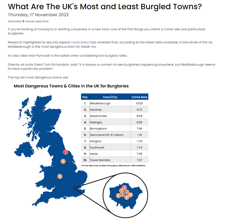 Example of Digital PR data campaigns relating to crime stats and data