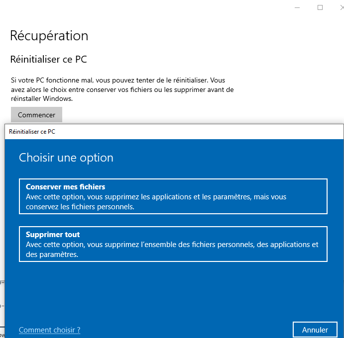 Réinitialiser Windows 10