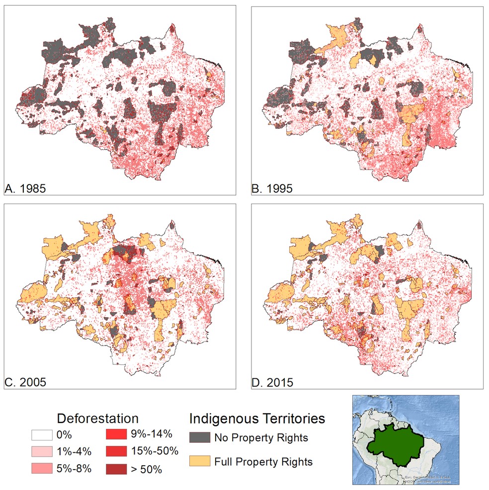 Imagem mostra territórios indígenas e índice de desmatamento na Amazônia em 1985, 1995, 2005 e 2015. — Foto: Kathryn Baragwanath/UC San Diego/PNAS