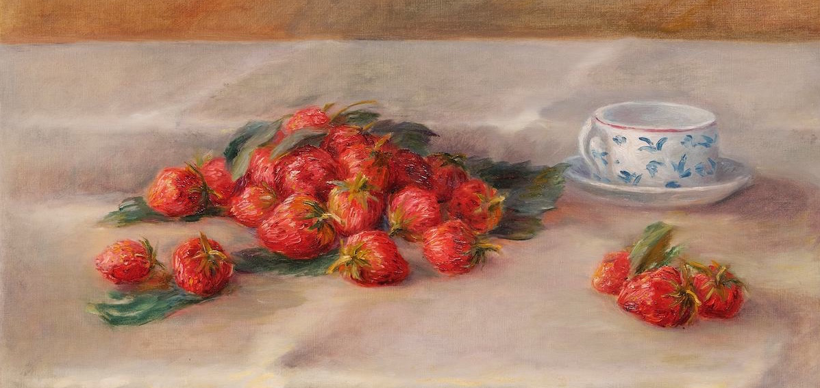 an Auguste Renoir painting of red strawberries and a white and blue teacup resting on a table.